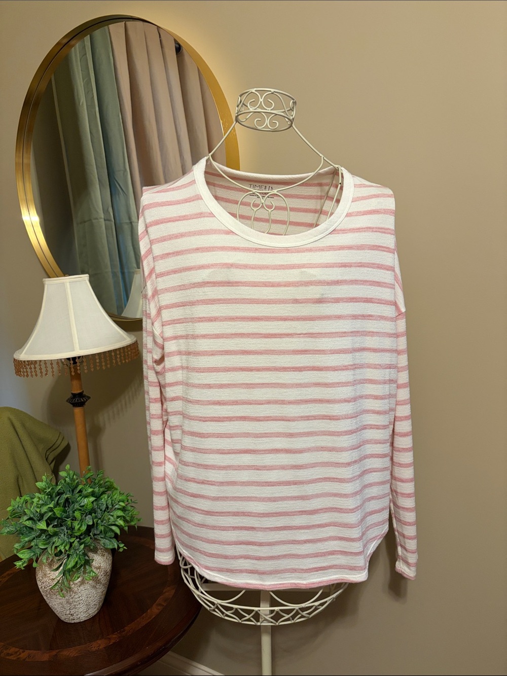 Time and Tru Light Pink & White Striped Long Sleeve Tee